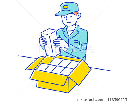 A male worker putting luggage into a cardboard box A male worker putting luggage into a cardboard box 118596325