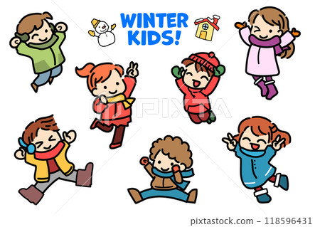 Children jumping winter snow 118596431