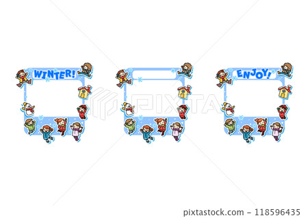 Children jumping winter snow frame winter clothes 118596435