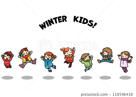 Children jumping winter snow 118596438