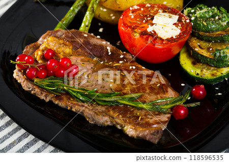 Photography of plate with baked veal with vegetables Photography of plate with baked veal with vegetables 118596535