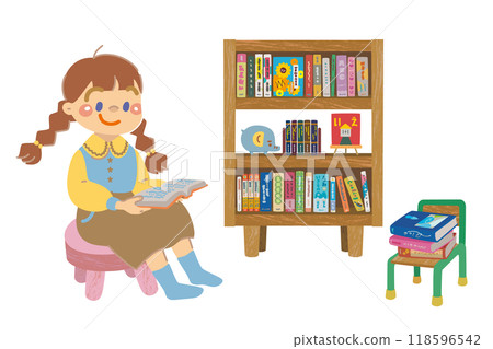 一個女孩讀書和一個書架的插圖 118596542