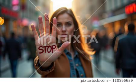 A woman holds up her hand with 'STOP' written on it during a busy street protest at dusk in an urban setting 118596689