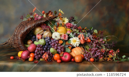 Autumnal cornucopia overflowing with fruit, flowers and fall foliage 118596724