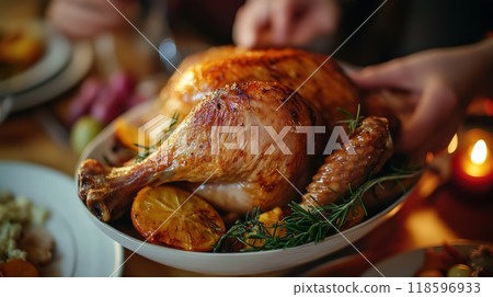 Roasted Turkey with Lemon and Rosemary on White Plate 118596933
