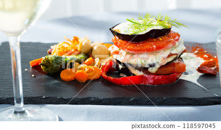 Roasted eggplant and tomatoes tower 118597045