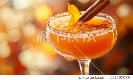 Orange cocktail with cinnamon stick and leaf garnish 118597079
