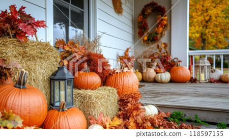 Fall Porch Decor with Pumpkins and Hay Bales 118597155