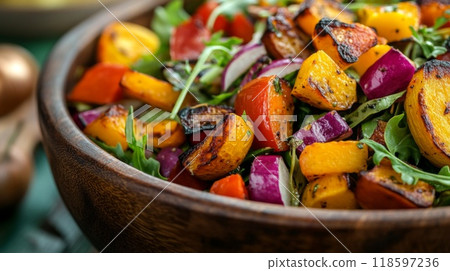 Roasted Bell Peppers, Tomatoes, and Onions in a Wooden Bowl 118597236