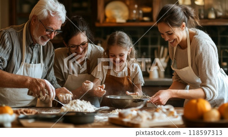 Family Baking Together in a Cozy Kitchen 118597313