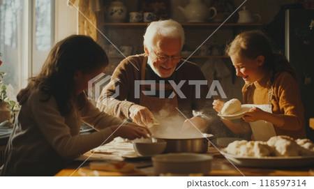A Grandfather, Daughter, and Granddaughter Baking Together 118597314