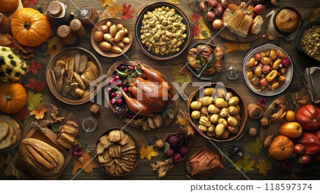 Thanksgiving Feast Table Setting with Roasted Turkey, Potatoes, and Bread 118597374