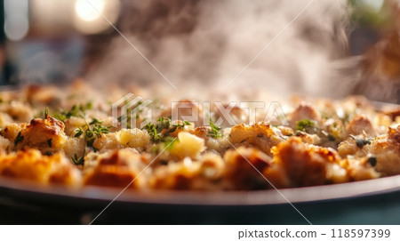 Steaming Dish of Crunchy, Golden Brown Bread Pudding with Herbs 118597399
