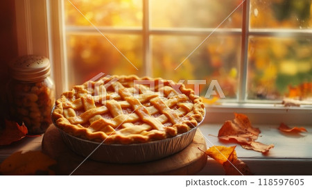 A Freshly Baked Apple Pie Beside a Window with Autumn Leaves 118597605