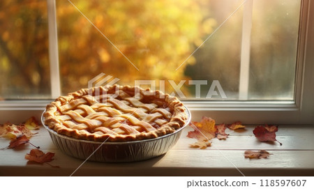 A Delicious Apple Pie with a View of Autumn Leaves Through a Window 118597607