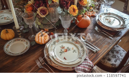 Fall Table Setting with Pumpkins and Floral Centerpiece Fall Table Setting with Pumpkins and Floral Centerpiece 118597741