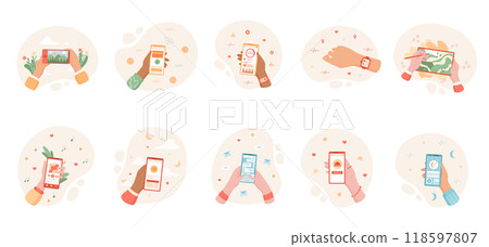 Set of user holding smartphone in hand, touching app on phone screen. Engaging with media content online, sharing video features, and exploring design. Concept of technology, and social media Set of user holding smartphone in hand, touching app on phone screen. Engaging with media content online, sharing video features, and exploring design. Concept of technology, and social media 118597807