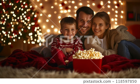 Family Enjoying Movie Night With Popcorn Under Christmas Lights 118597850
