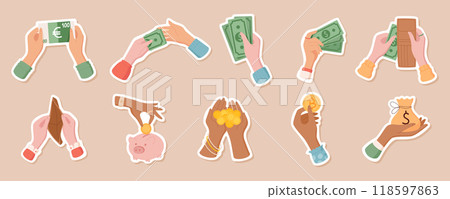 Cartoon hands hold cash, euro, and dollar, with piggy bank icons in flat style. Diverse gestures highlight financial transactions, investment, and charity. Isolated sticker set, ideal for finance 118597863