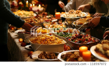 A Festive Buffet Spread with People Serving Themselves 118597872