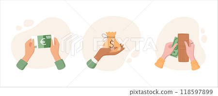 Money in hand with euro banknote and wallet. Cash payment concept in financial exchange. Icon of currency set, flat illustration. Ideal for economy and business themes, suitable for transaction Money in hand with euro banknote and wallet. Cash payment concept in financial exchange. Icon of currency set, flat illustration. Ideal for economy and business themes, suitable for transaction 118597899