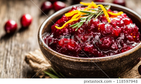 Bowl of Cranberry Sauce with Rosemary and Orange Zest 118597948