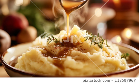Mashed Potatoes with Gravy and Thyme Garnish 118597967