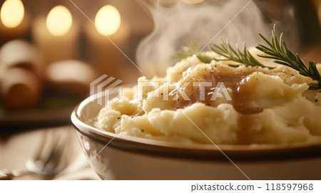 Steaming Bowl of Mashed Potatoes with Gravy and Rosemary 118597968