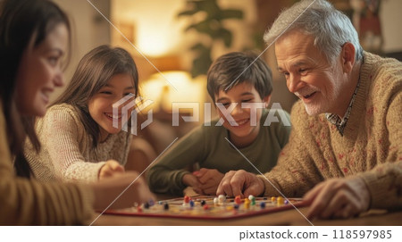 Family playing board game, laughing and enjoying time together 118597985