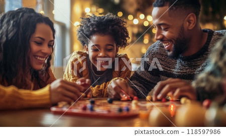 Family Playing a Board Game Together, Laughing and Enjoying Each Other's Company 118597986