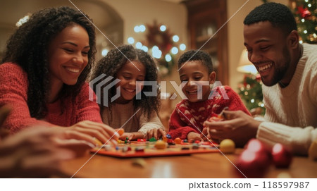 Family playing board game during Christmas celebration 118597987