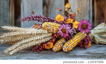 Dried Wheat, Corn, and Flowers on Rustic Wood 118597996