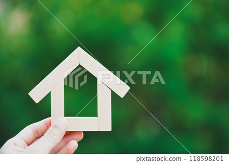 Person holding wooden house and blur green background 118598201