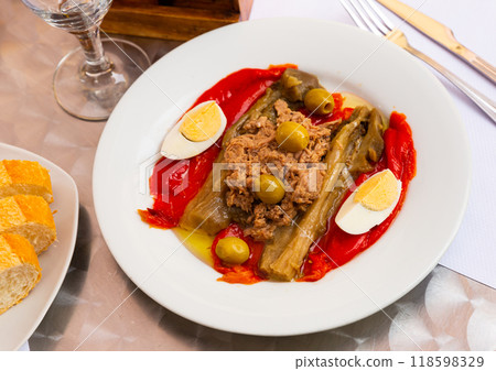 Escalivada - traditional Catalan dish of smoky grilled vegetables with tuna, egg and olives Escalivada - traditional Catalan dish of smoky grilled vegetables with tuna, egg and olives 118598329