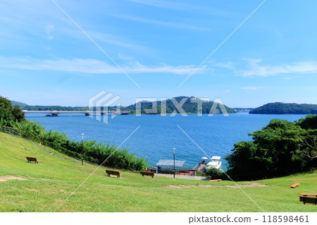 Lake Hamana and sightseeing boats as seen from the Hamanako Service Area Lake Hamana and sightseeing boats as seen from the Hamanako Service Area 118598461