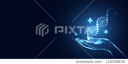 DNA for presenting DNA molecule research. biology, science, innovation, genetic research, science with molecules and atoms. hand with plus and medical icon. vector design. 118598636