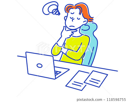 A worried young man with his arms folded in front of a laptop A worried young man with his arms folded in front of a laptop 118598755