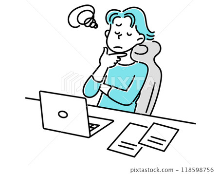 A worried young man with his arms folded in front of a laptop 118598756