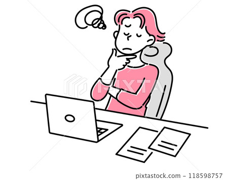 A worried young man with his arms folded in front of a laptop 118598757