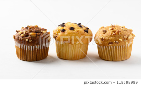 Chocolate almond muffin, Vanilla chocolate chips muffin and Vanilla almond muffin on white background 118598989