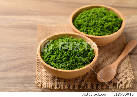 Wolffia or water meal in bowl, Edible small aquatic plant high protein Wolffia or water meal in bowl, Edible small aquatic plant high protein 118599016