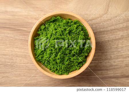 Wolffia or water meal in bowl, Edible small aquatic plant high protein, Table top view Wolffia or water meal in bowl, Edible small aquatic plant high protein, Table top view 118599017