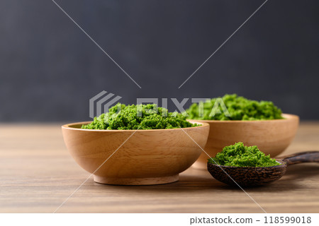Wolffia or water meal in bowl, Edible small aquatic plant high protein Wolffia or water meal in bowl, Edible small aquatic plant high protein 118599018