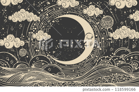 Celestial astrological moon chart with face, vector crescent moon esoteric zodiac poster, horoscope, tarot. Universe creation with clouds, stars and sun. Celestial astrological moon chart with face, vector crescent moon esoteric zodiac poster, horoscope, tarot. Universe creation with clouds, stars and sun. 118599166