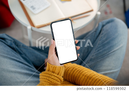 A top view of a woman in casual clothes using her smartphone on a sofa at home. 118599302