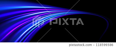Glowing neon light trail background. Bright blue purple speed lines. Magic luminous curved road concept. Abstract bent dynamic moving stripes. Bright streaks for poster, banner, flyer. Vector Glowing neon light trail background. Bright blue purple speed lines. Magic luminous curved road concept. Abstract bent dynamic moving stripes. Bright streaks for poster, banner, flyer. Vector 118599386