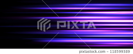 Neon glowing horizontal stripes background. Bright purple speed light effect. Magic trail flare lines texture. Luminous laser beams and rays wallpaper design. Futuristic neon streaks backdrop. Vector 118599389