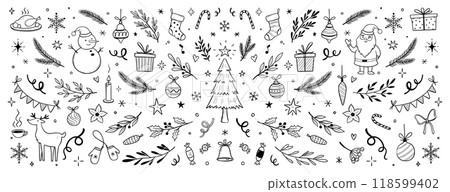Christmas drawn xmas tree, leaf, holly flower background. Hand drawn doodle sketch holly floral, christmas tree leaves, winter pine. Holiday ornament, rustic wreath sketch doodle. Vector 118599402