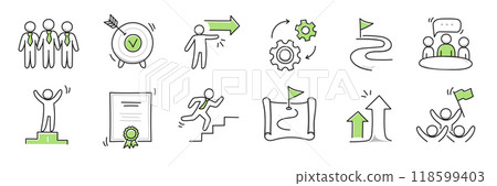Doodle career icon set. Success winner, business goal, challenge hand drawn sketch line pen stroke style icon. Professional business career, goal sketch doodle drawn collection. Vector 118599403