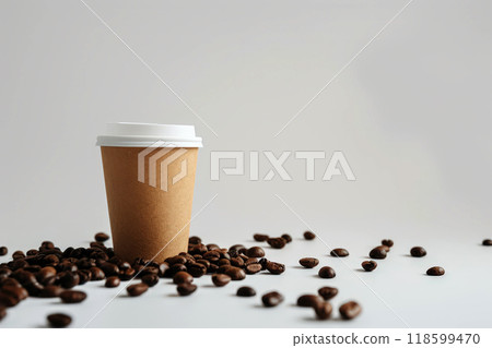 A table holds a paper cup with coffee inside and a lid, surrounded by scattered coffee beans 118599470